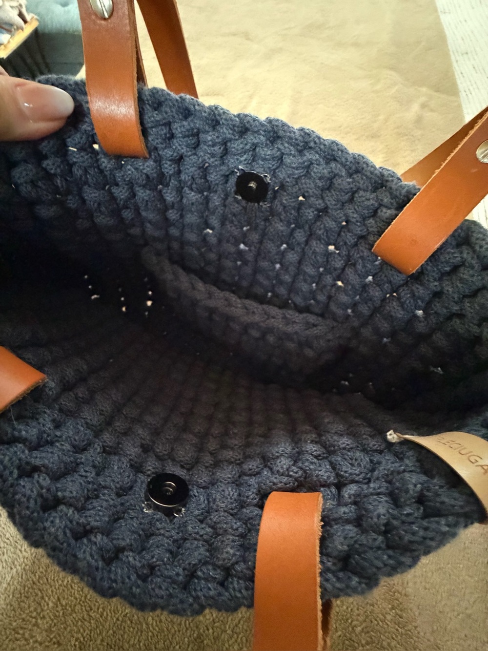 Navy Crochet Tote with Tan Leather Straps and Mustard Heart Accent - Picture 5 of 8